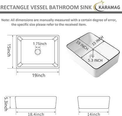 White Vessel Sink,Rectangle 19"x15" Bathroom Sink Above Counter Porcelain Ceramic Small Sink Bowl Ceramic Vessel Sinks for Bathrooms