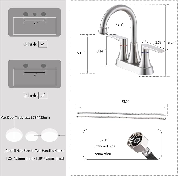 Brushed Nickel Bathroom Faucet, 2-Handle Lead-Free 360° Swivel High-Arc Spout 4 Inch Centerset Bath Lavatory Vanity Sink Faucets Set for Sinks with Drain & Water Hoses, VABM80008L