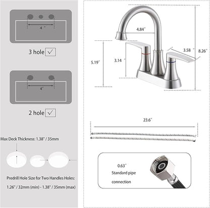 Brushed Nickel Bathroom Faucet, 2-Handle Lead-Free 360° Swivel High-Arc Spout 4 Inch Centerset Bath Lavatory Vanity Sink Faucets Set for Sinks with Drain & Water Hoses, VABM80008L