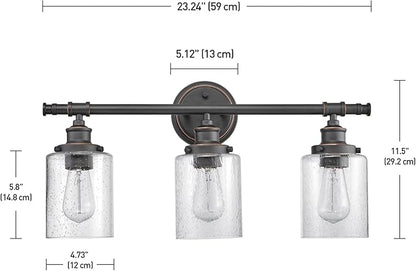 Globe Electric 51415 Camden 5-Piece All-in-One Bathroom Set, 3 Vanity Light with Seeded Glass Shades, Bar, Towel Ring, Robe Hook, Toilet Paper Holder, Bronze