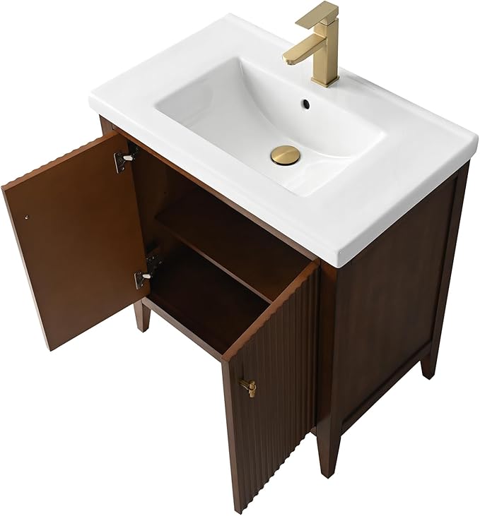 HOMEBEYOND 30" Bathroom Vanity with Ceramic Sink, Solid Wood Free-Standing Vanities Cabinet, Ceramic Top, Golden Brushed Handware & Soft Closing Door, Walnut