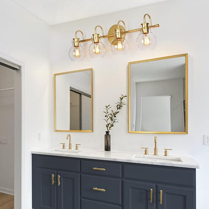 KSANA Bathroom Vanity Light, 4-Light 28.5" Large Gold Bathroom Light Fixtures, Modern Vanity Lights for Bathroom with Globe Clear Glass Shades