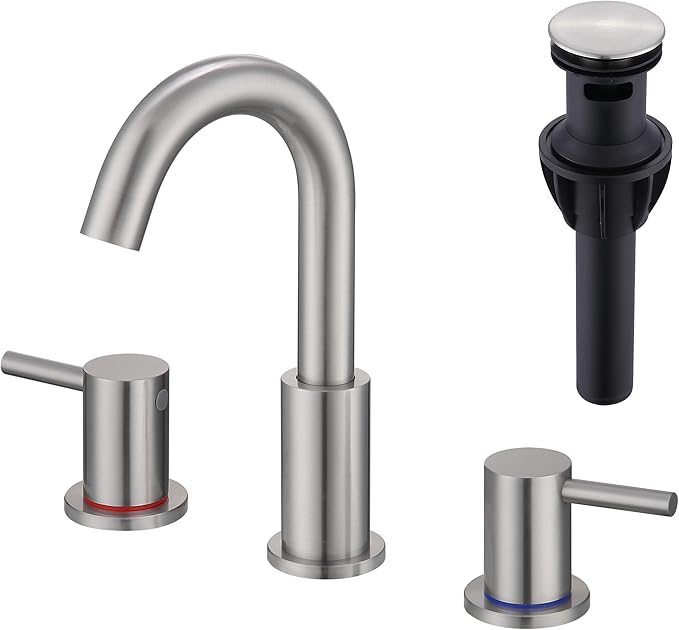 Brushed Nickel Bathroom Faucet 3 Hole, 2 Handle Bathroom Sink Faucet, 8 Inch Widespread Bathroom Faucets, Stainless Steel Vanity Faucet for Bathroom Sink with Pop Up Drain, AML-21754-BN
