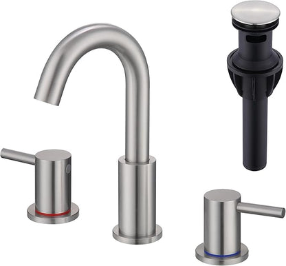 Brushed Nickel Bathroom Faucet 3 Hole, 2 Handle Bathroom Sink Faucet, 8 Inch Widespread Bathroom Faucets, Stainless Steel Vanity Faucet for Bathroom Sink with Pop Up Drain, AML-21754-BN