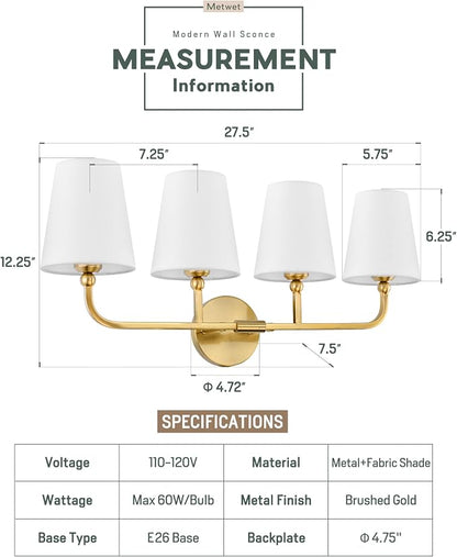 4-Light Brushed Gold Bathroom Vanity Light with White Fabric Shade | 28 Inch gold bathroom light fixture over mirror, UL listed, E26 bulbs, hardwired, upward only, VL837-BG-4K