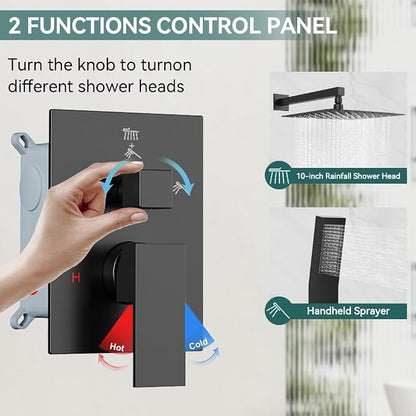 Shower System Shower Faucet Set, STARBATH 10" Wall Mount Rain Shower Head and Handheld Spray for Two Person, Rainfall Shower System with Diverter Valve and Trim Kit Complete,Matte Black