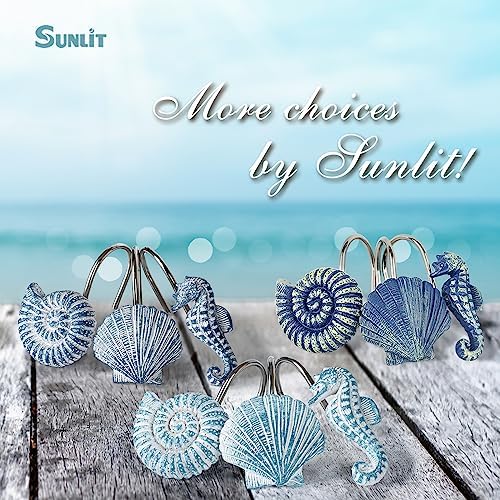 Sunlit Seashells Decorative Shower Curtain Hooks, Aqua Blue Ocean Creatures Coastal Shower Curtain Rings, Resin, Nautical Bathroom Decoration Beach Hooks-12 Pack