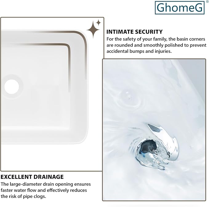 White Bathroom Vessel Sink Ceramic Vanity Art Basin Above Counter | 16x12 Inch Rectangular Bathroom Sink Porcelain Vessel Vanity Sink