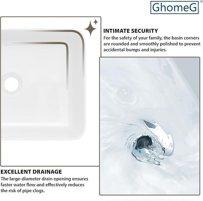 White Bathroom Vessel Sink Ceramic Vanity Art Basin Above Counter | 16x12 Inch Rectangular Bathroom Sink Porcelain Vessel Vanity Sink