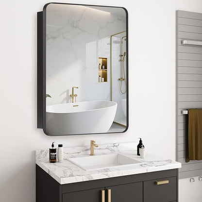 24’’x36’’ Medicine Cabinet,Metal Framed Medicine Cabinet Mirror with Round Corner,Recessed and Surface Mount Bathroom Mirror with Storage, Removeable Shelves,Dark Gray Frame