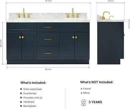 Bradford 66-Inch Midnight Blue Double Bathroom Vanity, 1.5-Inch Italian Carrara Marble Countertop & Backsplash, Double Rectangular Sinks, Soft Closing Doors & Dovetail Drawers, Satin Brass