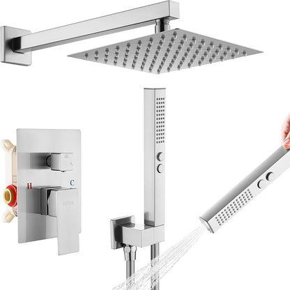 Rain Shower System, 8''Rain Head,2-Spray Handheld,Brushed Nickel | 2 Spray Functions,Anti-Tangle Explosion-proof PVD Hose,Balance Temp Valve,Rust-proof & Scratch-resistant