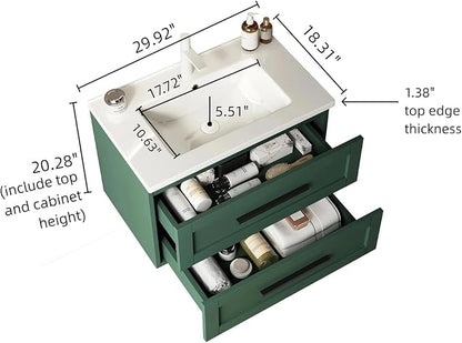 Floating Bathroom Vanity with Sink, 30" Bathroom Storage Cabinet with Curve Design Ceramic Basin & 2 Soft-Close Drawers, Wall-Mounted Vanity with Large Storage Space & Black Handle, Green