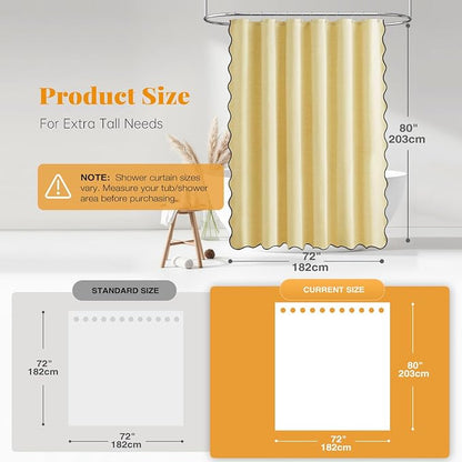 BTTN 72x80 Boho Scalloped Linen Textured Cloth Shower Curtain Set, Yellow | Long Size, 230GSM Waterproof Polyester, Heavy Duty Fabric, 12 Plastic Hooks, Elegant Modern Farmhouse Style, Machine Washable