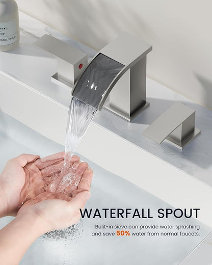 gotonovo Waterfall 8 inch Widespread Bathroom Faucet Set Bathroom Sink Faucet 3 Hole 2 Handle Vanity Lavatory Deck Mount with Pop Up Drain and Water Supply Lines Square Body Brushed Nickel