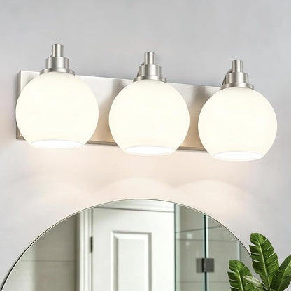IZORRO Bathroom Light Fixtures, 3-Light Brushed Nickel Vanity Light, Modern Wall Sconces with Globe Milk White Glass Shade, Vanity Lighting Fixtures Over Mirror,E26 Bulb Socket
