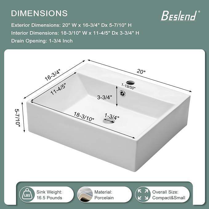 Floating Wall Mount Sink | Beslend 20"x17" Inch White Ceramic Vessel Sinks, Rectangular Art Basin with Single Hole, Small Space-Saving Bathroom Sink