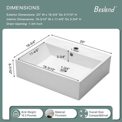 Floating Wall Mount Sink | Beslend 20"x17" Inch White Ceramic Vessel Sinks, Rectangular Art Basin with Single Hole, Small Space-Saving Bathroom Sink