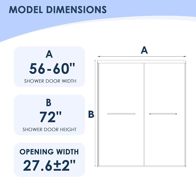 56–60" W x 72" H Semi-Frameless Double Sliding Shower Door | 27.6" Walk-In Opening, 1/4" SGCC Tempered Glass Bypass Door, Matte Black, Reversible Installation