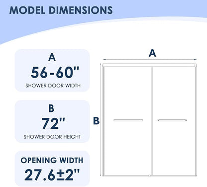 56–60" W x 72" H Semi-Frameless Double Sliding Shower Door | 27.6" Walk-In Opening, 1/4" SGCC Tempered Glass Bypass Door, Matte Black, Reversible Installation