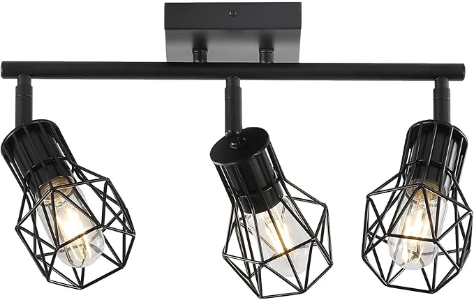 3-Light Black Flush Mount Ceiling Track Light E26 for Kitchen | Industrial black metal, adjustable heads, dimmable E26 base, for kitchen hallway closet bathroom lighting