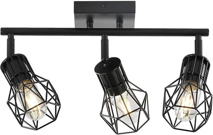 3-Light Black Flush Mount Ceiling Track Light E26 for Kitchen | Industrial black metal, adjustable heads, dimmable E26 base, for kitchen hallway closet bathroom lighting