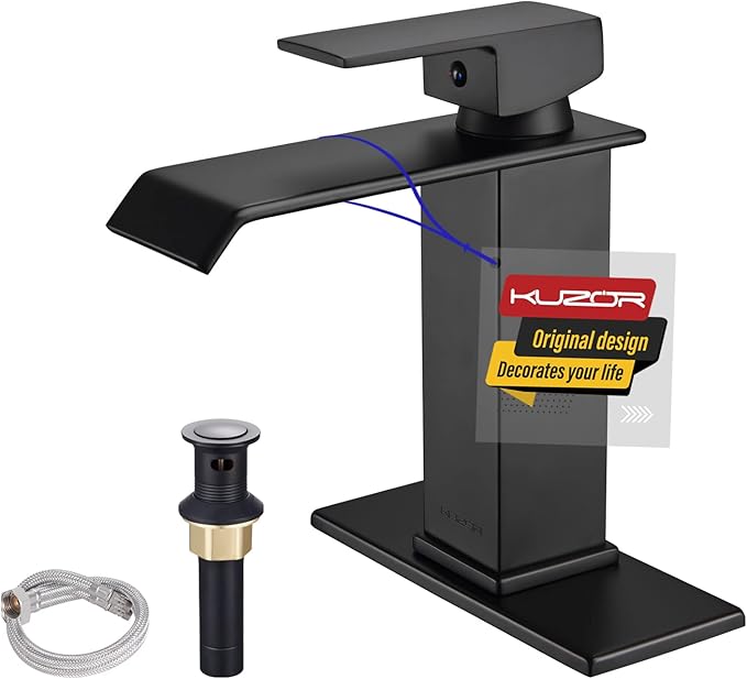Matte Black Waterfall Bathroom Faucet – Single Hole 304 Stainless Steel Sink Faucet with Metal Pop-Up Drain, Low-Profile Design for Modern Vanities