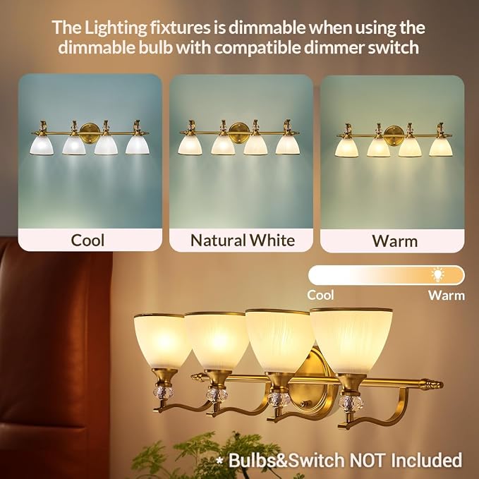 Brushed Gold Vanity Light, 4-Light Bathroom Light Fixtures, Vintage Wall Lamp with Bell Shaped Frosted Lampshade, 27.8 Inch Bathroom Lighting Fixtures Over Mirror, (Bulbs Not Included)