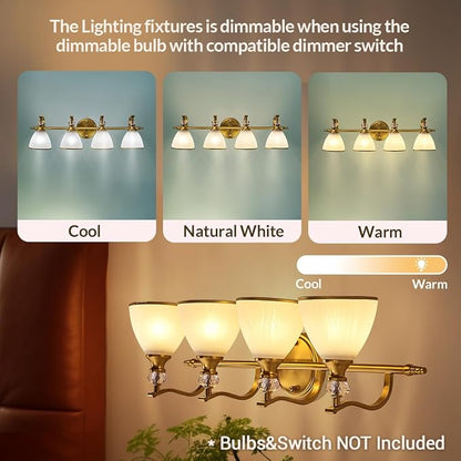 Brushed Gold Vanity Light, 4-Light Bathroom Light Fixtures, Vintage Wall Lamp with Bell Shaped Frosted Lampshade, 27.8 Inch Bathroom Lighting Fixtures Over Mirror, (Bulbs Not Included)