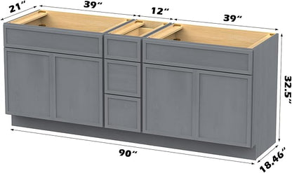 HomeBeyond 90 Inches Bathroom Vanity Base Cabinet Without Sink, Double Sink Top Sturdy Floor Mounted Cabinet with Door & Soft Closing Drawers, Sliver, VA4139-2+VA4112-3