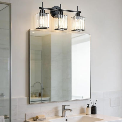 Black Bathroom Light Fixtures, Square, 3-Light | Vanity Lights with Crystal Shades, Modern Bathroom Lighting Fixtures over Mirror (Bulbs Not Included, E26)