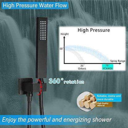 Shower Faucet Set Complete, Wall Mount Shower System for Bathroom 12 Inch High-Pressure Rainfall Shower with Handheld, Rough-in Valve Body and Trim Kit, Matte Black