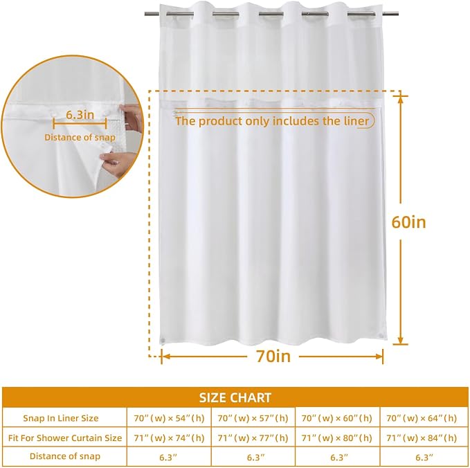 eachope 1 Pack Long Fabric Snap-in Shower Curtain Liner Replacement,Compatible with No Hook Shower Curtain with Snap in Liner, Removable & Water-Repellent,Machine Washable,70x60,White