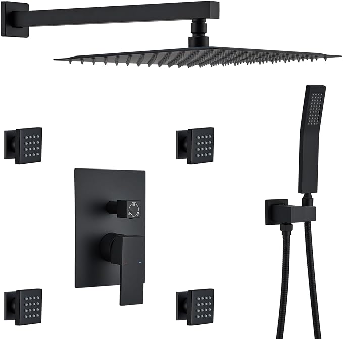 Rain Shower System With Complete 4 Pcs Body Sprays Jets And Pressured Balance Rough-in Valve,12Inch Rainfall Shower Head And Handheld, Modern Matte Black Wall Mount Shower Faucets Sets