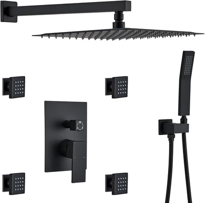 Rain Shower System With Complete 4 Pcs Body Sprays Jets And Pressured Balance Rough-in Valve,12Inch Rainfall Shower Head And Handheld, Modern Matte Black Wall Mount Shower Faucets Sets