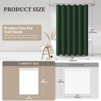 BTTN Long Green Shower Curtain, 80 Inch Linen Textured Heavy Duty Waterproof Cloth Shower Curtain Set with 12 Plastic Hooks, Tall Spa Simple Thick Fabric Shower Curtains for Bathroom, 72x80, Emerald
