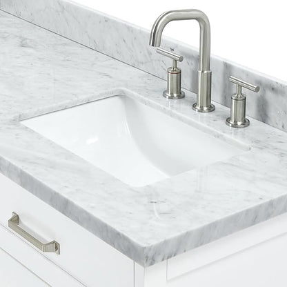 ARIEL Monroe 72-inch Bathroom Vanity with Sink,Solid Wood, 1.5-inch Italian Carrara Marble Countertop & Backsplash, Double Oval Porcelain Sink, 9 Dovetail Drawers, Brushed Nickel, White