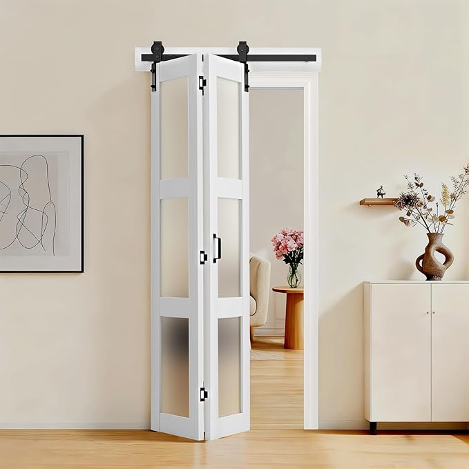 VEVOR Bifold Barn Door, 36" x 84", Frosted Glass Barn Door with Header Board and Hardware Kit Included, Space-Saving Design, Pre-Assembled Panels, Waterproof & Quiet, White