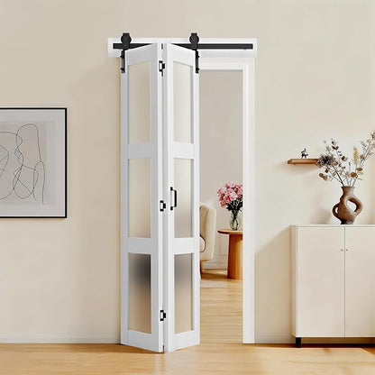 VEVOR Bifold Barn Door, 36" x 84", Frosted Glass Barn Door with Header Board and Hardware Kit Included, Space-Saving Design, Pre-Assembled Panels, Waterproof & Quiet, White