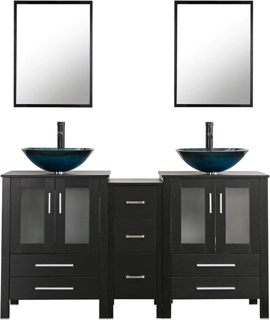 UEV 60" Black Bathroom Vanity Set,Double Vanity with Double Vessel Sink Combo and Removable Side Cabinet,Mirror Not Included (A10)