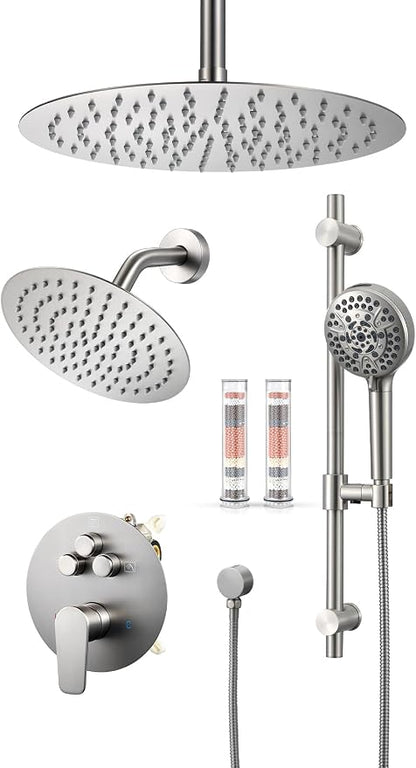 Woindo Shower Faucet Set with Slide Bar, 12" Rain Shower Head/8'' Side Shower Head and 10 Setting Handheld Ceiling Mount 3 Push Button Diverter Complete Rainfall Shower System Included Valve Trim Kit