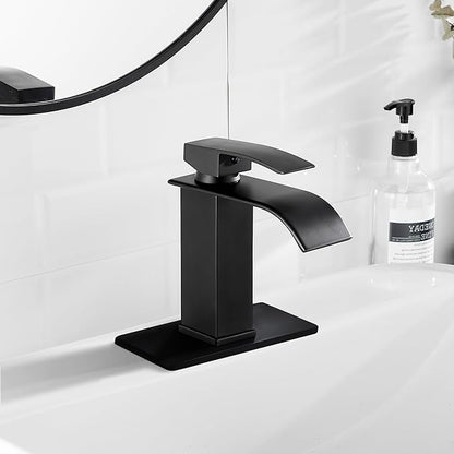 sagetta Waterfall Bathroom Sink Faucet Single Hole Black with Three Hole Cover Deck Plate, Pop up Drain and Water Hoses Stainless Steel Vanity