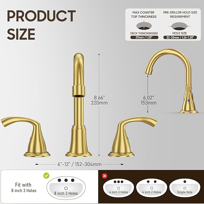 Phiestina 8 Inch 3 Hole 2 Handle Widespread Brushed Gold Bathroom Sink Faucet 2 Pack, Modern Bathroom Faucet with Metal Pop up Drain and Water Supply Lines,WFJC180-BG-2PACK