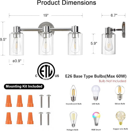 3 Light Bathroom Wall Light Fixtures Chrome Bathroom Wall Sconce with Clear Glass Lights Over Mirror Vanity Lights E26 Base