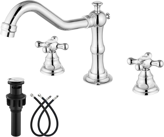 gotonovo Bathroom Faucet 3 Hole Vintage, Polish Chrome, Script Font Label | Widespread Bathroom Sink Faucet 8 Inch 2 Cross Handles,Pop Up Drain,cUPC Supply Line,4-15.7” Install,for Vanity Farmhouse RV