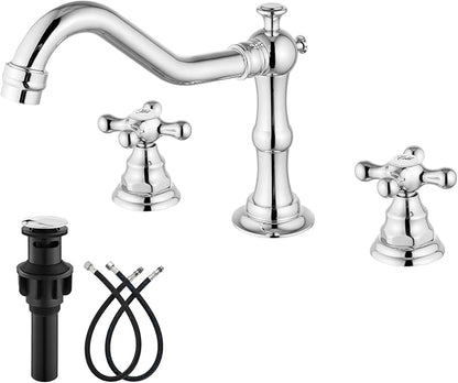 gotonovo Bathroom Faucet 3 Hole Vintage, Polish Chrome, Script Font Label | Widespread Bathroom Sink Faucet 8 Inch 2 Cross Handles,Pop Up Drain,cUPC Supply Line,4-15.7” Install,for Vanity Farmhouse RV