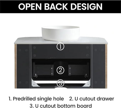 30" Preassembled Floating Bathroom Vanity with Round Sink, Oak | Mid-Century Modern Style, Fluted & Soft-Close Drawer with U-shaped Wall, Sinterted Stone Countertop, Towel Rack Included