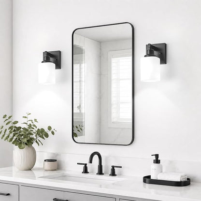 Set of 2 Wall Sconces for Bathroom, Black Bathroom Vanity Light,Modern Wall Sconces Indoor with Square Frosted Glass,Farmhouse Wall Lamp for Bedroom Living Room Mirror Hallway