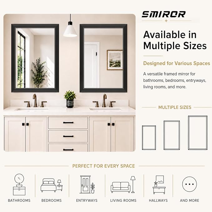 SMIROR 24x28 Matte Black Bathroom Vanity Mirror for Over Sink | Metal Wide Frame, Rectangle, Right- Angle Corner, Anti-Rust, Horizontally or Vertically Wall- Mounted for Home Remodel