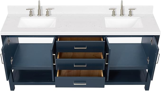 DKB Olivia 72" Midnight Blue Double Bathroom Vanity with Rectangular Undermount Sinks, 1.5" Carrara Quartz Countertop, 4 Soft-Closing Doors, 3 Dovetail Drawers, Open Shelf